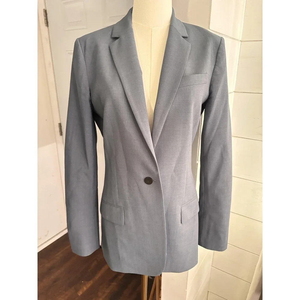 Theory Blazer Womens 6 Gray Staple Wool Blend One Button Longline Jacket Career